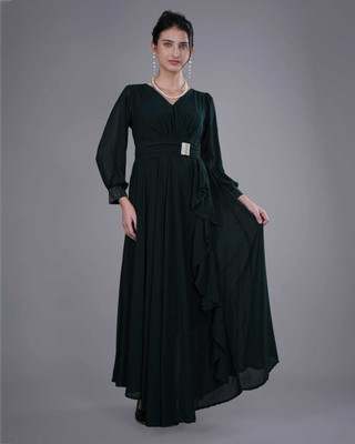 KGN HUB Women Fit and Flare Dark Green Maxi/Full Length Dress
