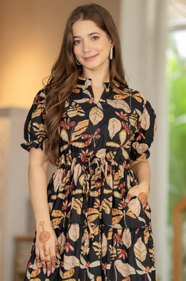 Shopaxis Women A-line Multicolor, Black Midi/Calf Length Dress