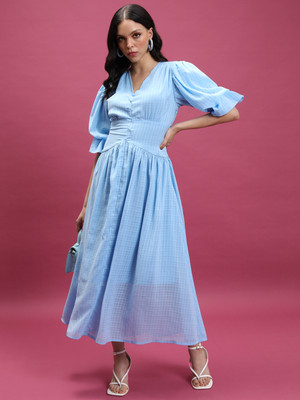 Tokyo Talkies Women Fit and Flare Blue Midi/Calf Length Dress