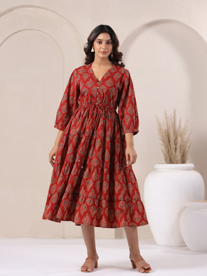 Vyom Tara Women Fit and Flare Red Maxi/Full Length Dress