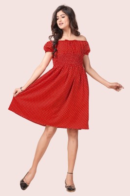 savyo Women Fit and Flare Red, White, Beige Dress