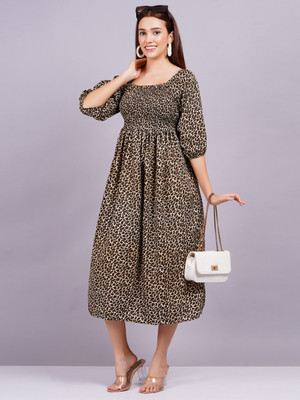 JC4U Women Fit and Flare Brown Midi/Calf Length Dress