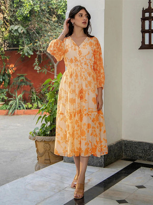 Janasya Women Fit and Flare Orange Midi/Calf Length Dress