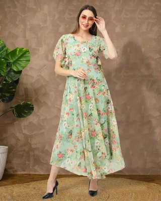 GROMint Women Fit and Flare Blue Maxi/Full Length Dress