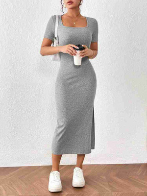 SWEVENFASHION Women Bodycon Grey Midi/Calf Length Dress