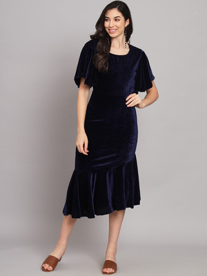 Vaararo Women A-line Dark Blue Midi/Calf Length Dress