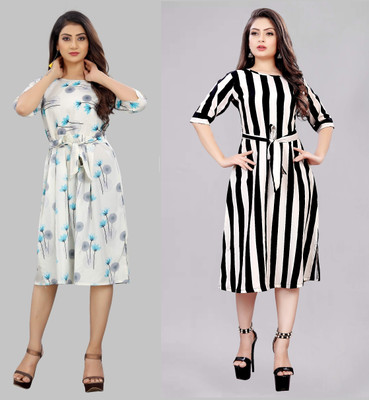 Hiral Creation Women A-line Multicolor Midi/Calf Length Dress