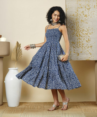 Globus Women Fit and Flare Blue Midi/Calf Length Dress
