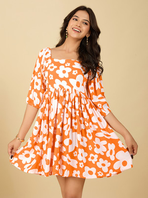 Dressberry Women Fit and Flare Orange Above Knee/Mid Thigh Length Dress