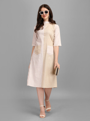 GUFRINA Women A-line Beige, White Midi/Calf Length Dress