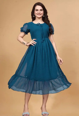 SR Collection Women Fit and Flare Blue Midi/Calf Length Dress