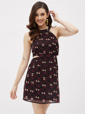KIBO Women A-line Maroon Above Knee/Mid Thigh Length Dress