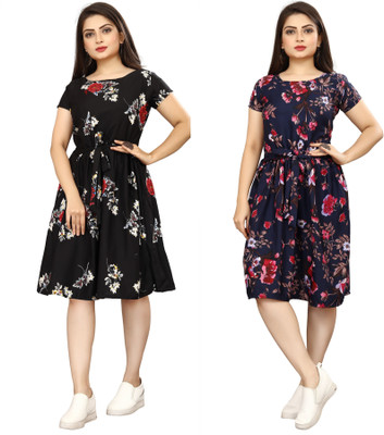 HouseOfCommon Women A-line Black, Blue Knee Length Dress