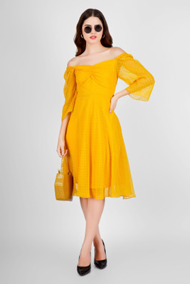 Wownoon Women Fit and Flare Yellow Knee Length Dress