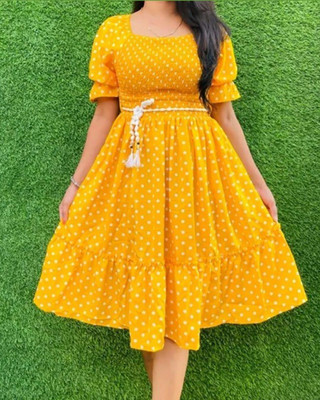 HOC's Women Fit and Flare Yellow Midi/Calf Length Dress