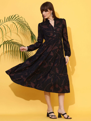 Sheetal Accociates Women Fit and Flare Brown, Black Below Knee Dress