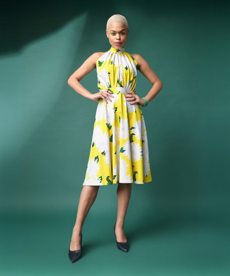 MILOST Women Fit and Flare Yellow, White Knee Length Dress