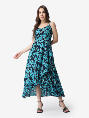 METRONAUT Women A-line Dark Blue, Light Blue, Brown Below Knee Dress