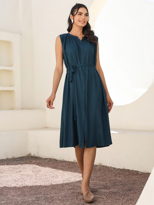 Janasya Women A-line Blue Below Knee Dress