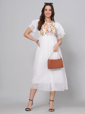 JC4U Women Fit and Flare White Midi/Calf Length Dress