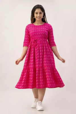 Demirner Women Fit and Flare Pink Midi/Calf Length Dress