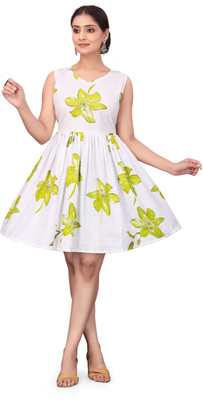 Ajfab Women Fit and Flare Green Above Knee/Mid Thigh Length Dress