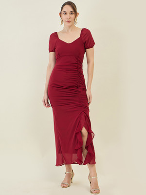 AAYU Women A-line Maroon Maxi/Full Length Dress
