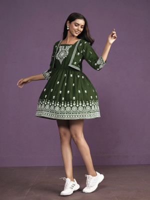 Youthnic Women Fit and Flare Dark Green Above Knee/Mid Thigh Length Dress