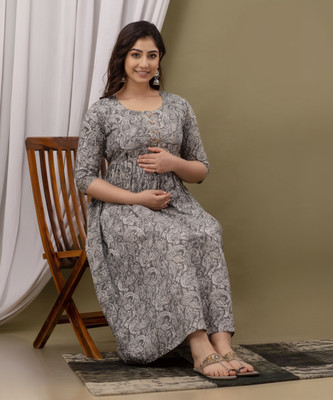 COTTON MULMUL STORE Women Fit and Flare Grey, White Midi/Calf Length Dress