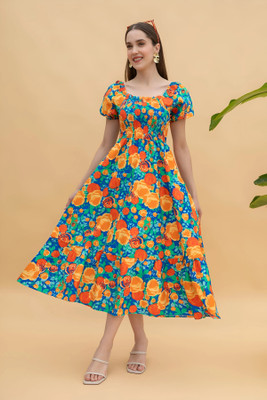 ZWERLON Women A-line Orange Midi/Calf Length Dress