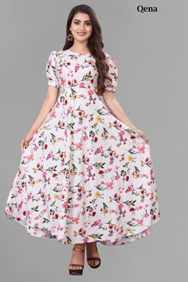 Qena Women A-line White Maxi/Full Length Dress