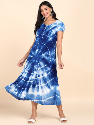 maaesa Women Fit and Flare Dark Blue, White Midi/Calf Length Dress