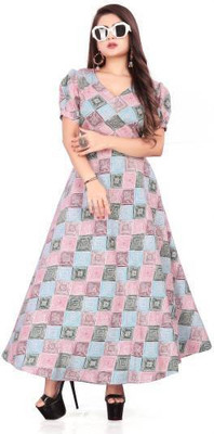 QUEUEE CREATION Women Fit and Flare Light Green Maxi/Full Length Dress