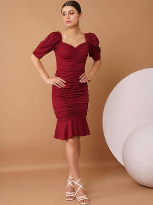 CHEMISTRY Women Bodycon Maroon Knee Length Dress