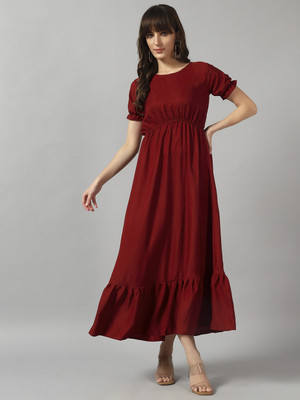 Raiyani Enterprise Women Fit and Flare Maroon Maxi/Full Length Dress