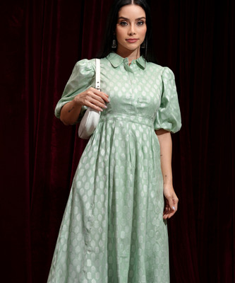 Vishudh Women Fit and Flare Green Midi/Calf Length Dress