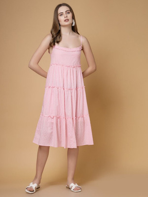 The Indian Garage Co. -Freehand Women Tiered Pink Midi/Calf Length Dress