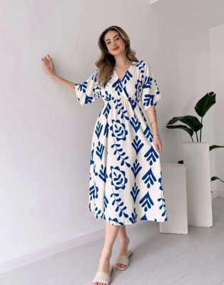 AF Ankita Fashion Women A-line Blue, White Midi/Calf Length Dress