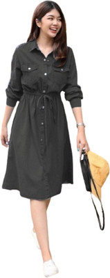 Achyutaya Fashion Women A-line Black Midi/Calf Length Dress