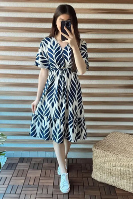 Fashion2wear Women Fit and Flare Blue, White Knee Length Dress