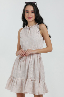 OTTAVIA Women Fit and Flare Brown Above Knee/Mid Thigh Length Dress