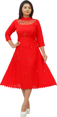 Ayan Women A-line Orange Below Knee Dress