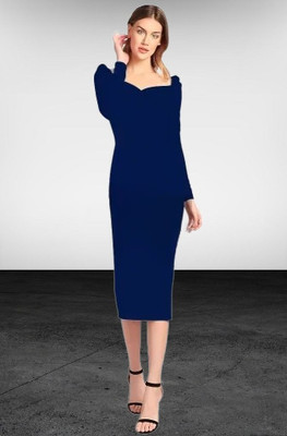 Ladiikway Women Bodycon Dark Blue Below Knee Dress