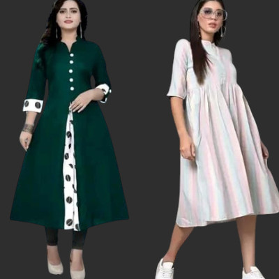 Texpamz Women Striped A-line Kurta(Green, White)