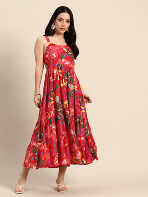 A&k Women Fit and Flare Red, Multicolor Midi/Calf Length Dress
