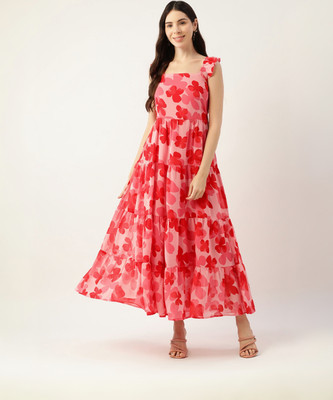 Deewa Women Fit and Flare Pink Maxi/Full Length Dress