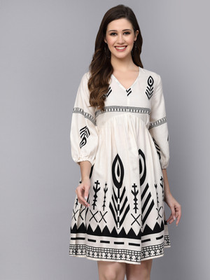 Stylum Women Fit and Flare White Above Knee/Mid Thigh Length Dress