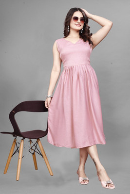 VelveraFeb Women A-line Pink Knee Length Dress