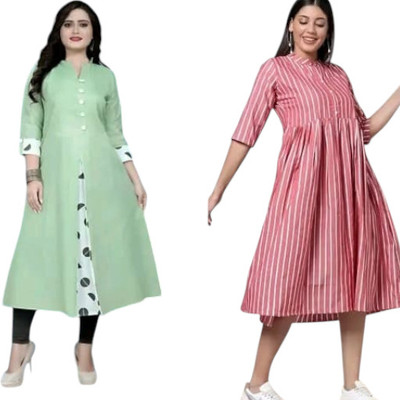 Texpa Pl Women Printed, Striped Straight Kurta(Green, Pink)