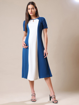 MILOST Women A-line Blue Midi/Calf Length Dress
